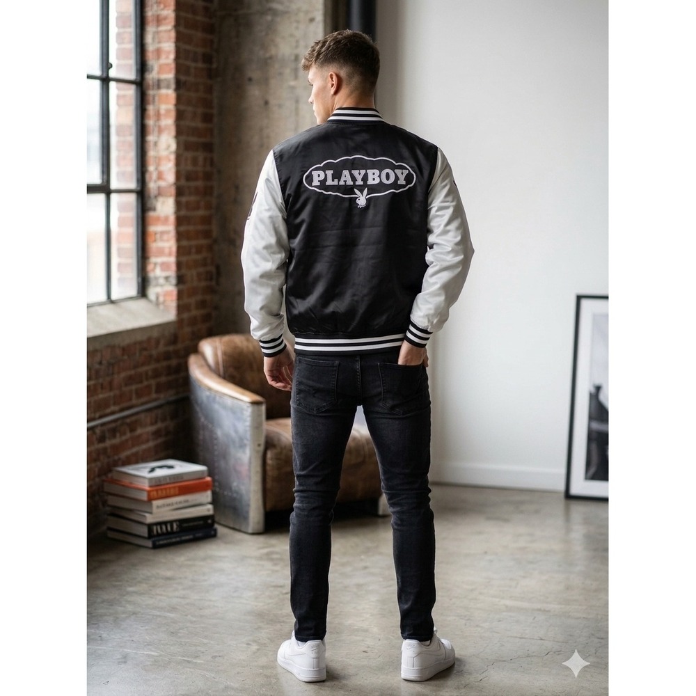 Playboy Mens Satin Varsity Bomber Jacket Black White Embroidered Size S